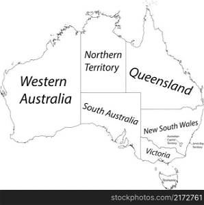 White vector administrative map of AUSTRALIA with black border lines and name tags of its states and territories