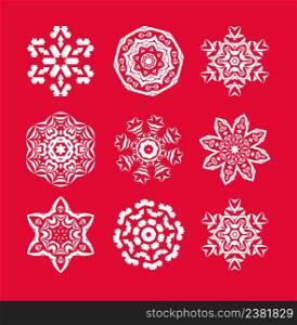 White vector snowflakes on red background. Christmas snowflakes set. White vector snowflakes