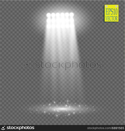 White vector spotlight light effect on transparent background. Concert scene with sparks illuminated by glow ray. Stadium projector. Show room. White vector spotlight light effect on transparent background. Concert scene with sparks illuminated by glow ray. Stadium projector. Show room. Vector