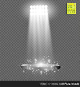White vector spotlight light effect on transparent background. Concert scene with sparks illuminated by glow ray. Stadium projector. Show room. White vector spotlight light effect on transparent background. Concert scene with sparks illuminated by glow ray. Stadium projector. Show room. Vector