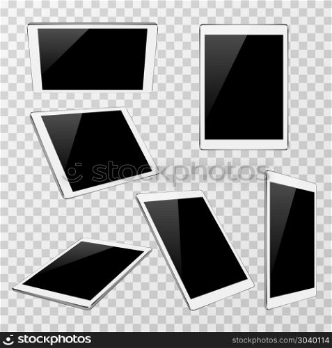White vector tablet at different angles of view isolated on transparent plaid background. White vector tablet at different angles of view isolated on transparent plaid background. Set of modern portable gadget illustration