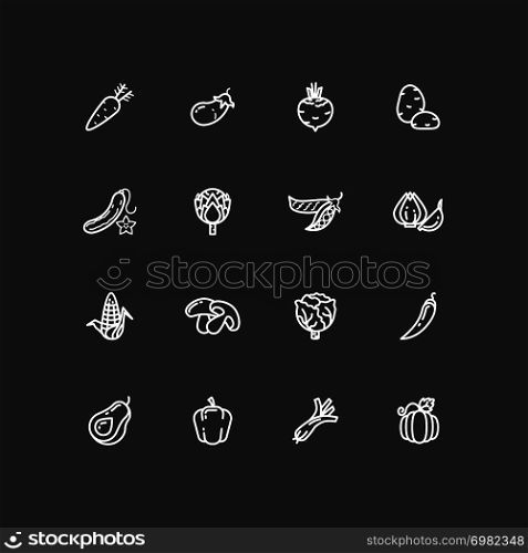 White vegetables outline icons set. Outline vegetable natural, vector illustration. White vegetables outline icons set
