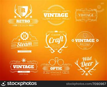 White vintage vector hipster logos and labels set with deer horns on sunny background illustration. White vintage vector hipster logos and labels set