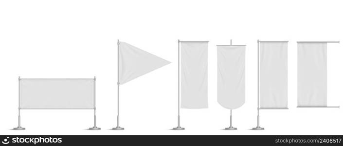 White vinyl banners, triangle flag and pennants on pole. Vector realistic mockup of blank fabric promotion posters, advertising textile banners hanging on metal frame and stand. White vinyl banners, triangle flag and pennants