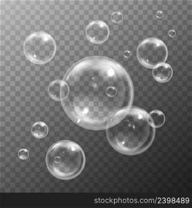 White water bubbles with reflection set on transparent background vector illustration. Water Bubbles Set