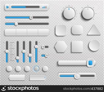 White web buttons and ui sliders vector set isolated on transparent background. Interface for web navigation and ui for video and music control illustration. White web buttons and ui sliders vector set isolated on transparent background