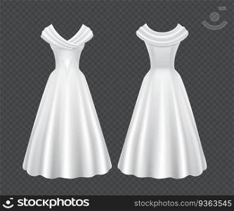 White wedding woman dress isolated on transparent background. Vector realistic mock up of elegant retro female evening gown with long skirt and short sleeves in front and back view. White wedding woman dress with long skirt