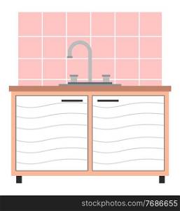 White wide medical washbasin cupboard for hygiene procedures, storing medicines in vet clinic or office. Creative banner, flyer, landing page or a blog post for a vet clinic. Pink tile on the wall. Cupboard with washbasin for medicine manipulation in the vet office. Domestic animal treatment