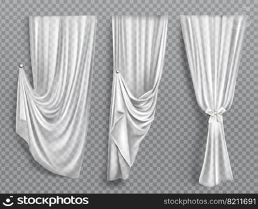 White window curtains set, folded cloth for∫erior decoration isolated on transparent background. Soft lightweight c≤ar material, fabric drapery of different forms. Realistic 3d vector illustration. White window curtains on transparent background
