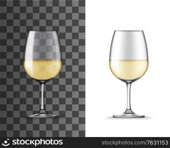White wine glass cup, realistic isolated mockup, alcohol drinks glassware vector 3D. Wineglass on short leg for sweet and dessert white wine, drinks crockery on transparent background. White wine glass cup, realistic isolated mockup