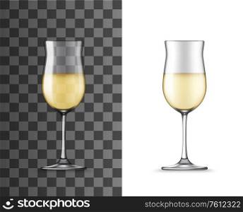 White wine glass realistic 3d vector mockup. Wineglass of round extended bowl shape for sweet and dry wines. Table glassware, goblet on long thin leg for alcohol drink mockup. White wine glass realistic vector