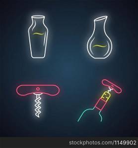 White wine neon light icons set. Different types of decanters. Corkscrew, bottle opening tools. Barman equipment. Alcohol beverage, drinks. Glowing signs. Vector isolated illustrations