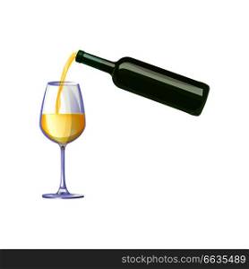 White wine pouring from bottle into transparent and clear glass, picture represented on vector illustration isolated on white background. White Wine Pouring From Bottle Vector Illustration