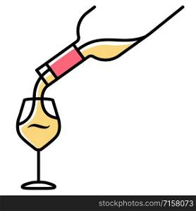 White wine service yellow color icon. Alcohol beverage pouring in glass. Aperitif drink bottle. Barman, sommelier, winery. Bar, restaurant. Party, celebration. Isolated vector illustration