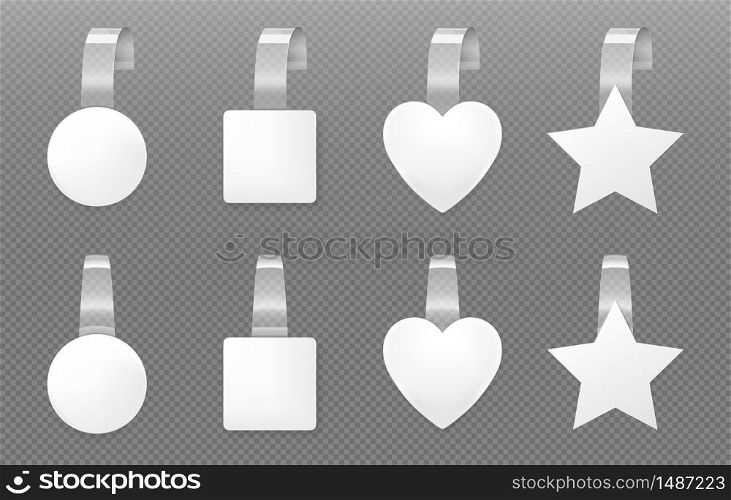 White wobblers mockup. Different shapes price tags front and angle view. Vector realistic set of blank paper wobblers with clear plastic strip for supermarket shelf isolated on transparent background. White advertising wobblers, price tags