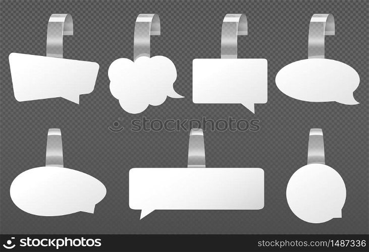 White wobblers speech bubbles mockup. Different shapes price tags. Vector realistic set of blank paper wobblers with clear plastic strip for supermarket shelf isolated on transparent background. White advertising wobblers, speech bubbles