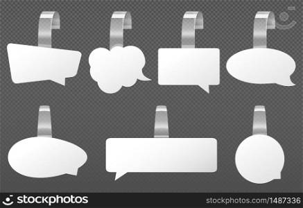 White wobblers speech bubbles mockup. Different shapes price tags. Vector realistic set of blank paper wobblers with clear plastic strip for supermarket shelf isolated on transparent background. White advertising wobblers, speech bubbles