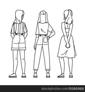 white woman back vector. happy fashion, rear view, standing model white woman back character. people black line illustration. white woman back vector
