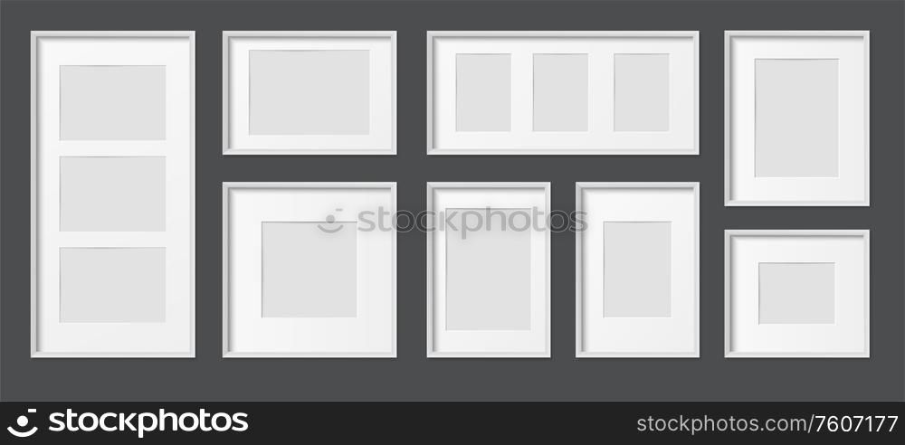 White wooden and plastic rectangular realistic picture frames various sizes mockup set black background vector illustration