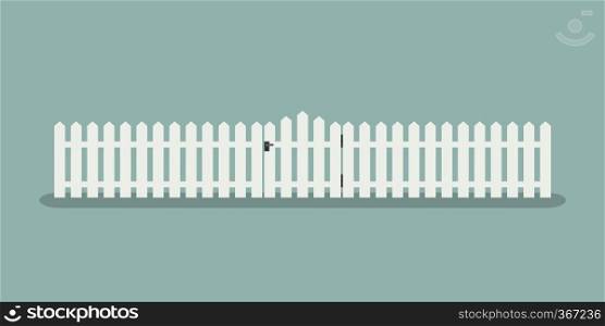 White wooden fence with garden gate in flat style.. White wooden fence
