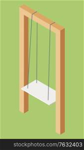 White wooden swing hanging on ropes for garden or patio. Playground park equipment. Entertainment for kids, leisure and game playing 3D isometric. Vector illustration in flat cartoon style. White Wooden Swing Hanging on Ropes Vector Image