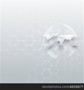 White world globe, connecting lines and dots on gray color background. Chemistry pattern, hexagonal molecule structure, scientific research. Medicine, science concept. Abstract design vector decoration