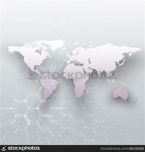 White world map, connecting lines and dots on gray color background. Chemistry pattern, hexagonal molecule structure, scientific research. Medicine, science concept. Abstract design vector decoration
