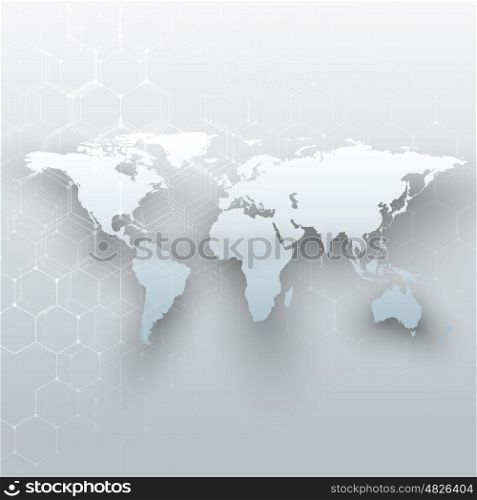 White world map, connecting lines and dots on gray color background. Chemistry pattern, hexagonal molecule structure, scientific research. Medicine, science concept. Abstract design vector decoration