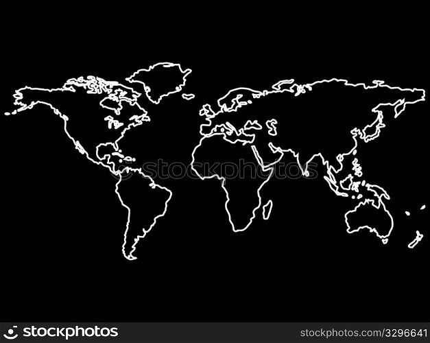 white world map outlines isolated on black background, abstract art illustration