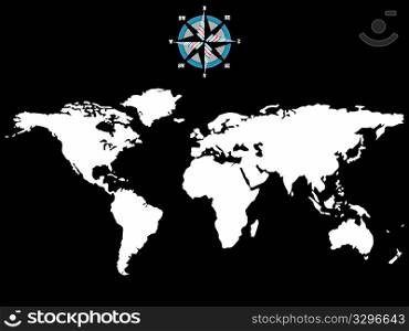 white world map with wind rose isolated on black background, abstract art illustration