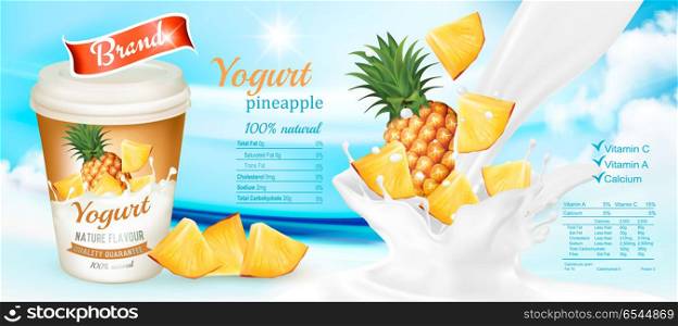 White yogurt with fresh pineapple. Advertisment design template.. White yogurt with fresh pineapple. Advertisment design template. Vector. White yogurt with fresh pineapple. Advertisment design template. Vector