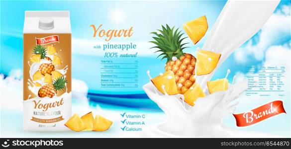 White yogurt with fresh pineapple in box. Advertisment design te. White yogurt with fresh pineapple in box. Advertisment design template. Vector. White yogurt with fresh pineapple in box. Advertisment design template. Vector