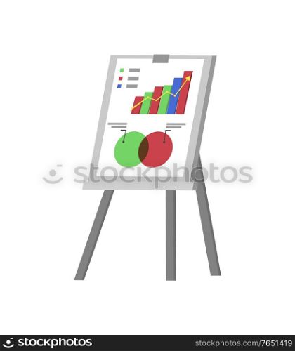 Whiteboard vector, isolated board on stand with information, organized info in charts and schemes, timeline and explanation to business research data. Whiteboard with Visualized Information Info Stand