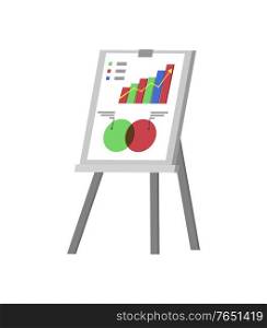 Whiteboard vector, isolated board on stand with information, organized info in charts and schemes, timeline and explanation to business research data. Whiteboard with Visualized Information Info Stand