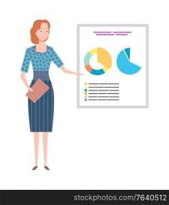 Whiteboard with detailed information vector, lady presenting new business idea, concept on board, clipboard and data with infocharts secretary at work. Woman Giving Presentation, Whiteboard with Data