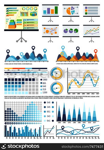 Whiteboard with infocharts and infographics data vector. Graphic ...