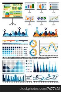 Whiteboard with infocharts and infographics data vector. Graphic representation of information, business conceptualisation. Flowcharts and pie diagram. Whiteboard with Infocharts and Infographics Data