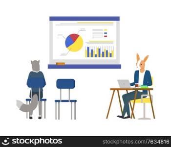 Whiteboard with information, detailed info on board with segments and explanation. Hipster animals sitting by tables and working, brainstorming cat. Vector illustration in flat cartoon style. Hipster Animals Working Project, Cat Lady at Work