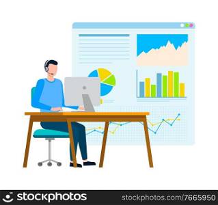 Whiteboard with information in visual representation vector, infochart worker with laptop working in office analyzing stats of business project results. Freelancer Working with Information on Whiteboard
