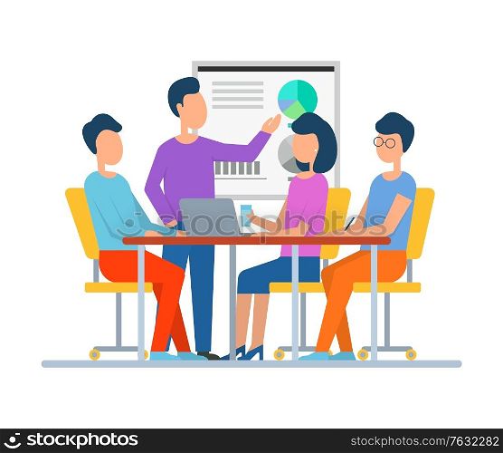 Whiteboard with information, man talking about project showing details teaching people sitting by table using laptops and new technologies. Business teamwork. Vector illustration in flat cartoon style. Boss and Employees on Seminar Looking at Board