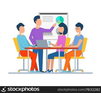 Whiteboard with information, man talking about project showing details teaching people sitting by table using laptops and new technologies. Business teamwork. Vector illustration in flat cartoon style. Boss and Employees on Seminar Looking at Board