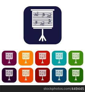 Whiteboard with music notes icons set vector illustration in flat style In colors red, blue, green and other. Whiteboard with music notes icons set flat
