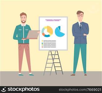 Whiteboard with pie diagram and scheme vector, people proud to present business data, male with laptop and structured information, business concept. Bussinesman with Presentation, Whiteboard Scheme