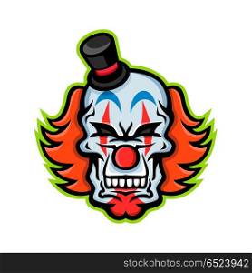 Whiteface Clown Skull Mascot. Mascot icon illustration of skull of a white-face clown with red hair wearing a small top hat viewed from front on isolated background in retro style.. Whiteface Clown Skull Mascot