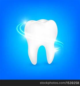 Whitening of human tooth. Deep cleaning, dental care concept. Icon design, Illustration on blue background.