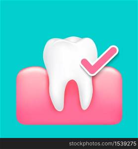 Whitening tooth with check mark. Icon design. Healthy tooth concept. Illustration isolated on green background.