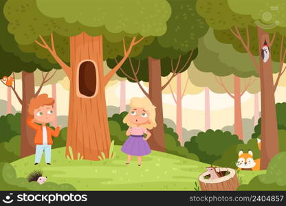 Who live in hollow. Kids puzzle game, quiz question location for baby. Find right animal, children in forest vector background. Illustration brainteaser pastime, question for kids. Who live in hollow. Kids puzzle game, quiz question location for baby. Find right animal, children in forest vector background