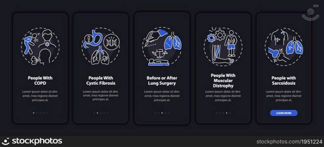 Who needs pulmonary rehabilitation dark onboarding mobile app page screen. Walkthrough 5 steps graphic instructions with concepts. UI, UX, GUI vector template with linear night mode illustrations. Who needs pulmonary rehabilitation dark onboarding mobile app page screen