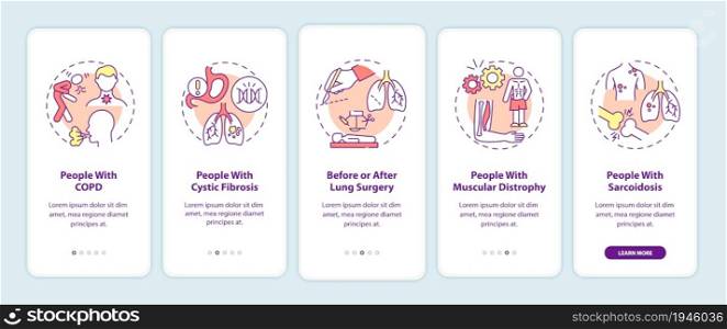 Who needs pulmonary rehabilitation onboarding mobile app page screen. Walkthrough 5 steps graphic instructions with concepts. UI, UX, GUI vector template with linear color illustrations. Who needs pulmonary rehabilitation onboarding mobile app page screen