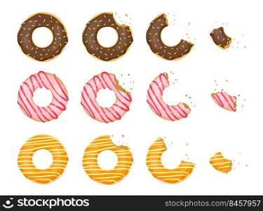 Whole and bitten donuts flat vector illustration set. Top view of doughnuts with chocolate and strawberry glaze. Design for bakery menu, shops. Food, cake, dough, soft snack concept